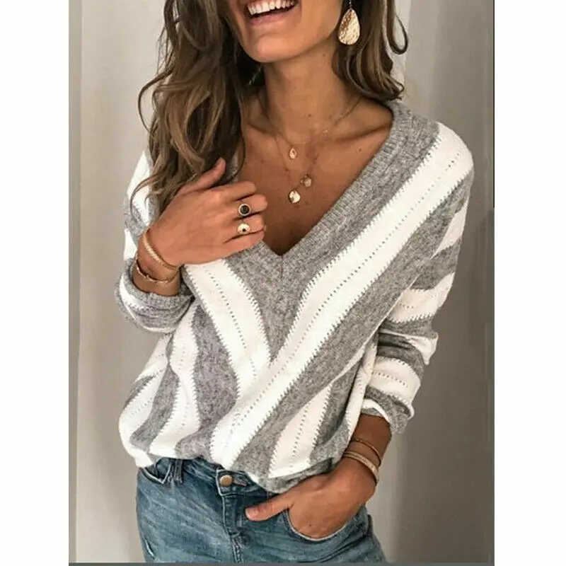 Women Autumn V Neck Long Sleeve Sweater Loose Knit Pullover Sexy Jumper Tops