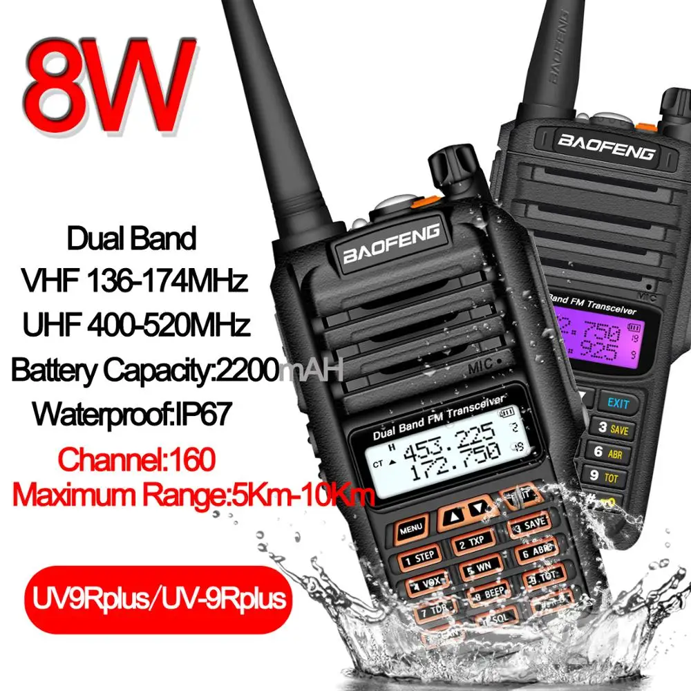 UV-9R Plus Водонепроницаемая портативная рация 8 Вт двухстороннее радио Двухдиапазонный портативный 10 км Дальний диапазон UV9R CB Ham портативное радио