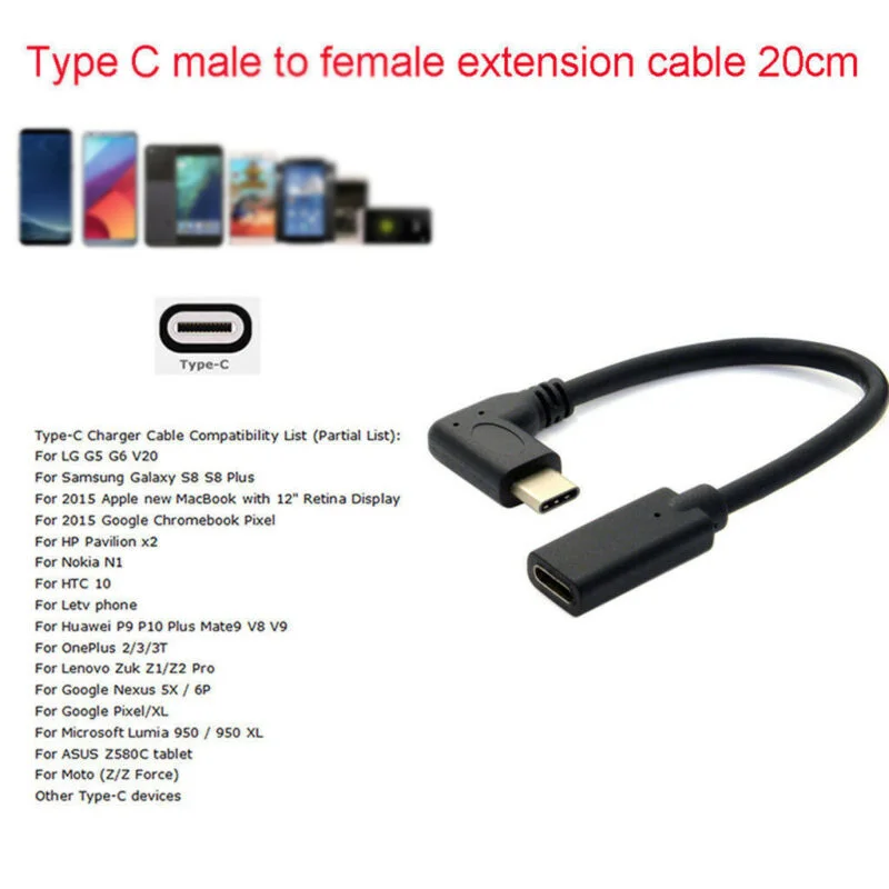 90 градусов под прямым углом USB C type C Мужской и Женский удлинитель для передачи данных USB-C кабель Реверсивный дизайн для разъема типа C