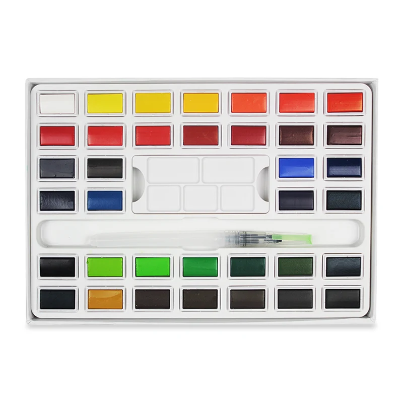 

Superior 12/24/36 Colors Solid Watercolor Paint Set With Water Brush Concentrated Water Color Pigment Drawing Travel Portable