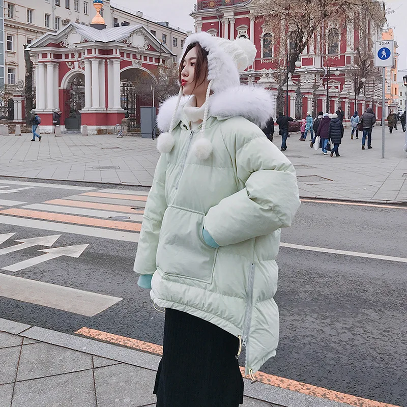

South Korea Dongdaemun Cotton-padded Clothes 2019 Winter New Style Large Fur Collar Irregular Slit-Side Pullover down Jacket Cot