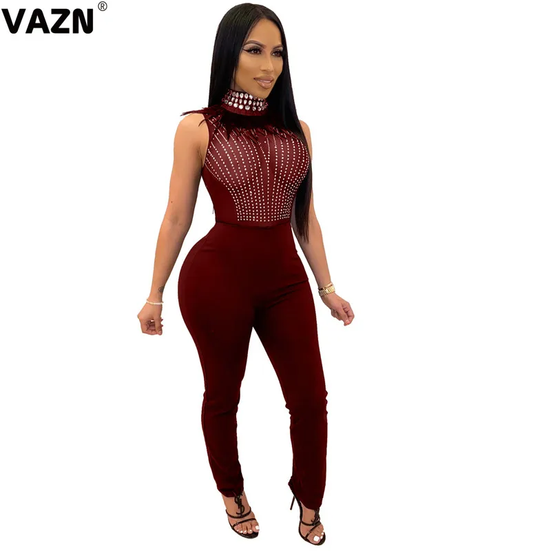 VAZN Sequin Blue, новинка, хит, модные, уличные комбинезоны, повседневные, облегающие, шифоновые, одноцветные, сексуальные, длинные штаны, тонкий, длинный комбинезон - Цвет: Бургундия