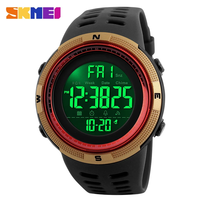 Gold Red SKMEI 1251, мужские спортивные часы, двойное время, мужские многофункциональные часы, будильник, Chrono, 5 бар, водонепроницаемые цифровые часы, reloj hombre - Цвет: Gold Red