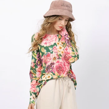 

Flower Printing Elegant Sweater Office Ladies O-neck Long Sleeve Mid-length Loose Knitted Pullover Tops Sueter Mujer TA6340