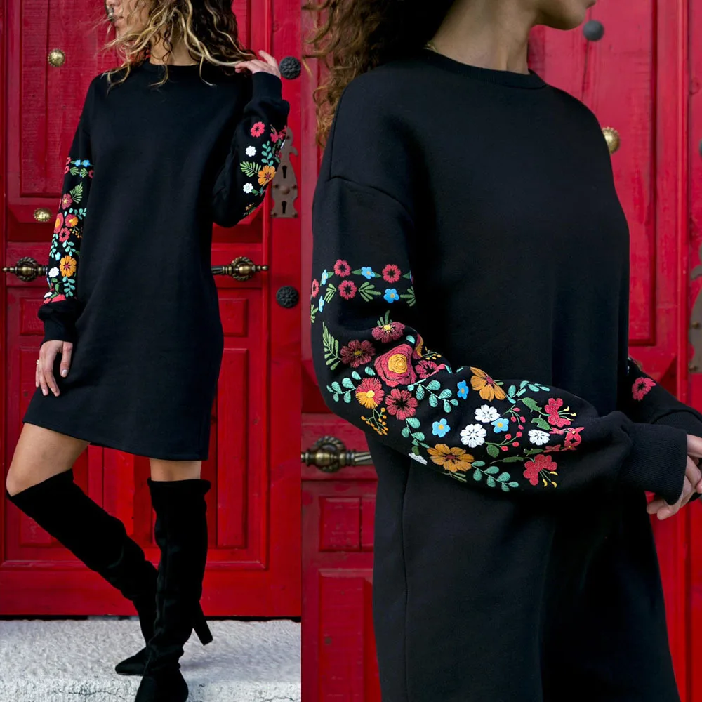 

Dress Women Long Sleeve Dress Floral Print O-Neck Loose Thin Warm Sexy Dresses Elegant Multicolor Black Mujer All Season