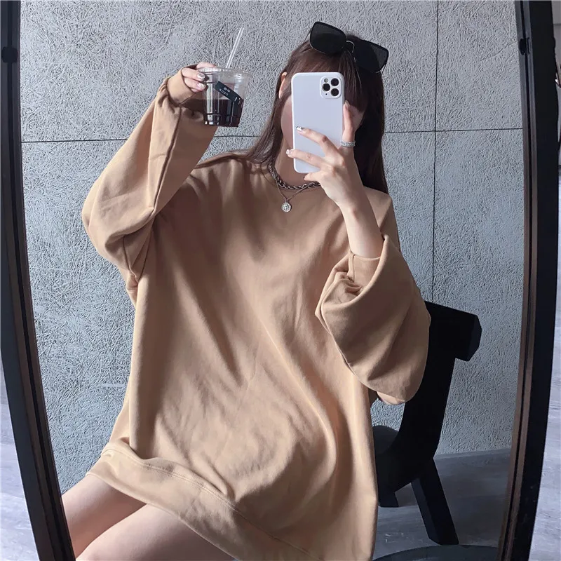 

2020 autumn and winter new solid color long-sleeved shoulder David clothes women's mid-length loose bf lazy round neck top