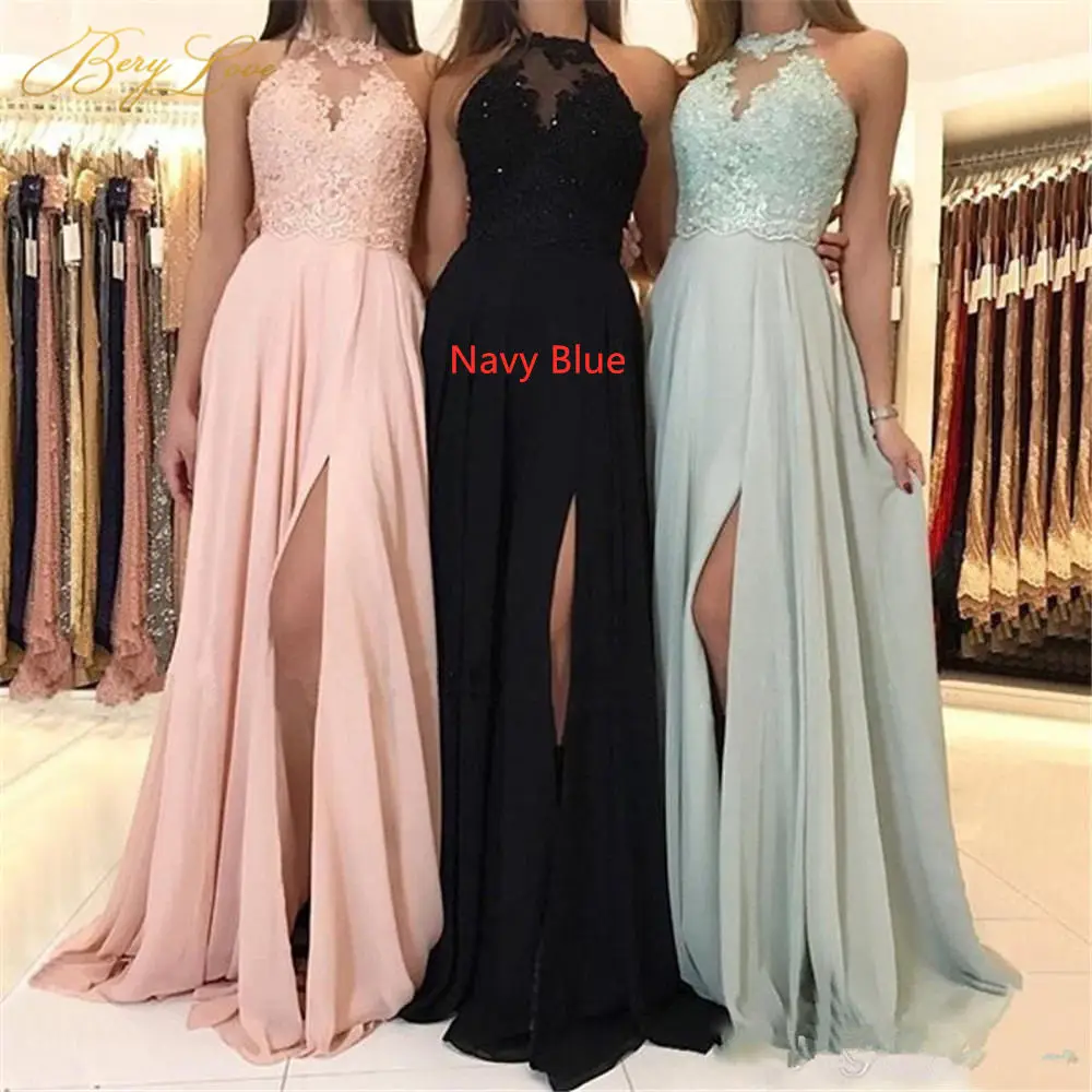Navy Blue Сексуальное длинное платье подружки невесты с лямкой через шею,, с аппликацией, с кружевным разрезом, шифоновое свадебное платье для подружки невесты, платье для гостей на свадьбу - Цвет: Navy Blue
