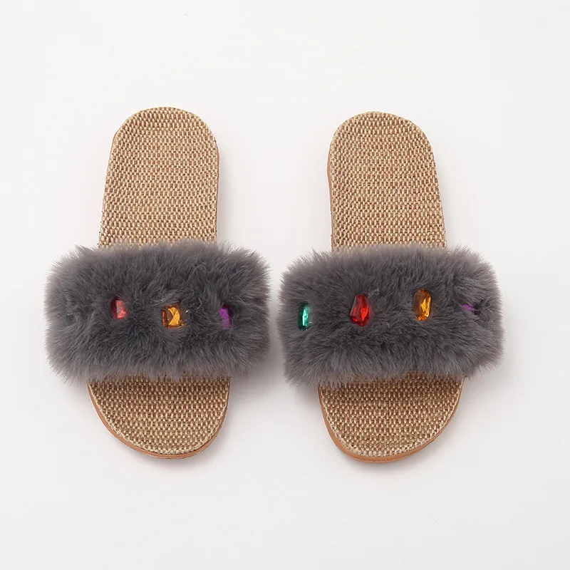 

2019 Linen Slippers Fur Slippers Slides Anti-Skid Wear-Resistant Diamond Flax Slippers Chaussures Femme Shoes Women