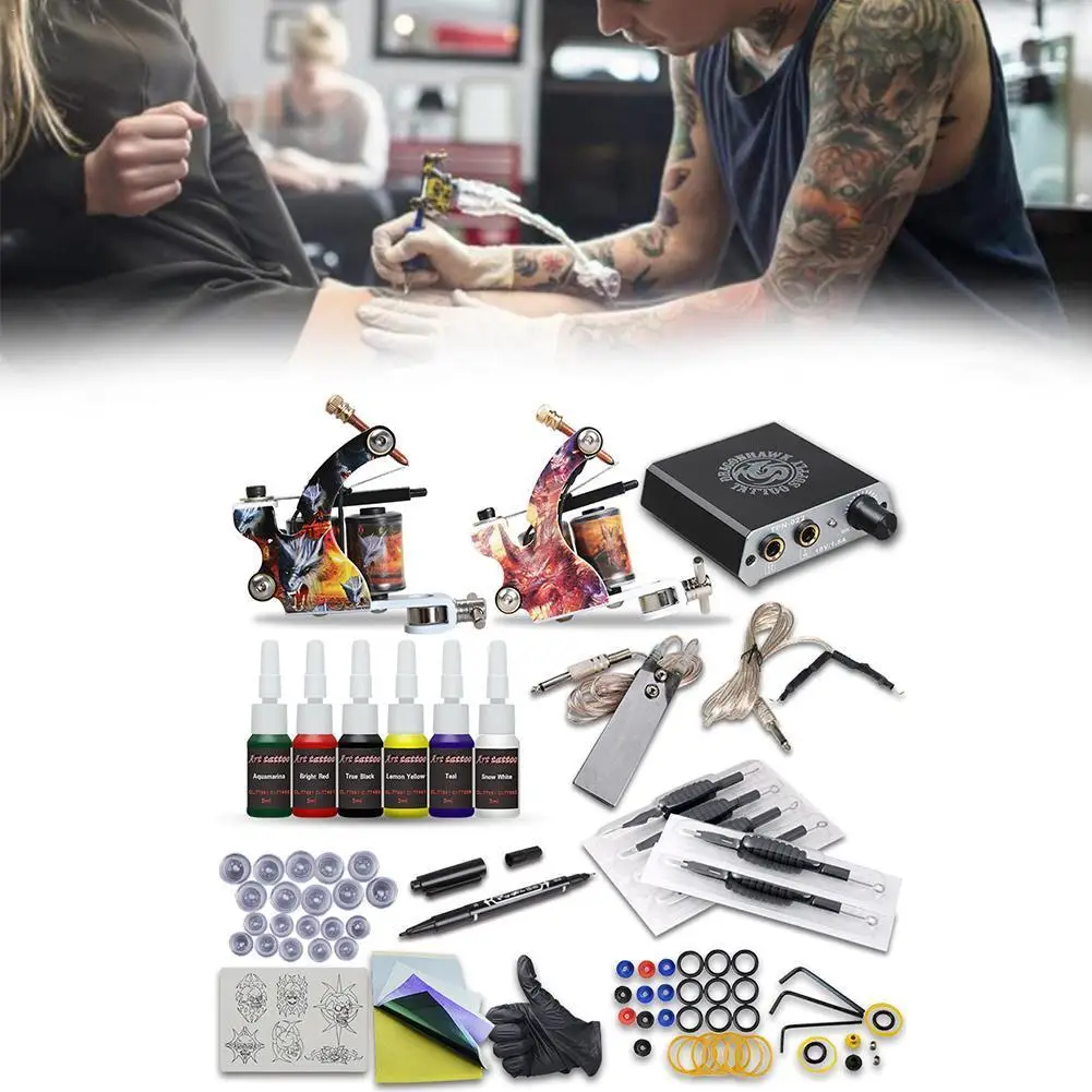 

Beginner Tattoo Kit 2 Tattoo Machines Gun Black Ink Tattoo Tattoo Permanent Supply Set Tools Set Art Body Grips Power set M G6X2
