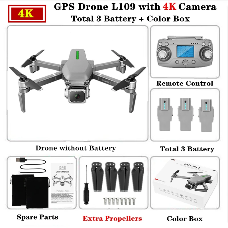 Радиоуправляемый Дрон L109 gps Pro Квадрокоптер с 5G ESC Wi-Fi FPV 4K HD камерой 1 км Контроль расстояния вертолет полёт 25 минут VS F11 SG906 - Цвет: 4K-Color Box-3