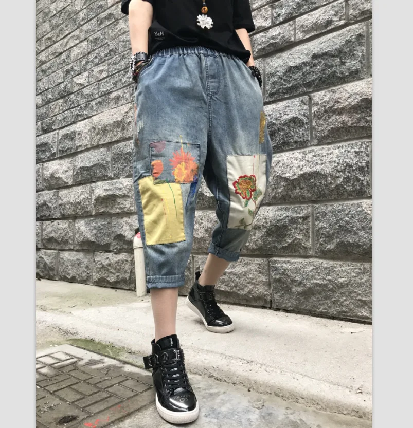 

2020 Spring New Arrivals Vintage Patch Embroidery Calf-Length Pants Jeans Female Loose Cross Denim Pants Elastic Waist