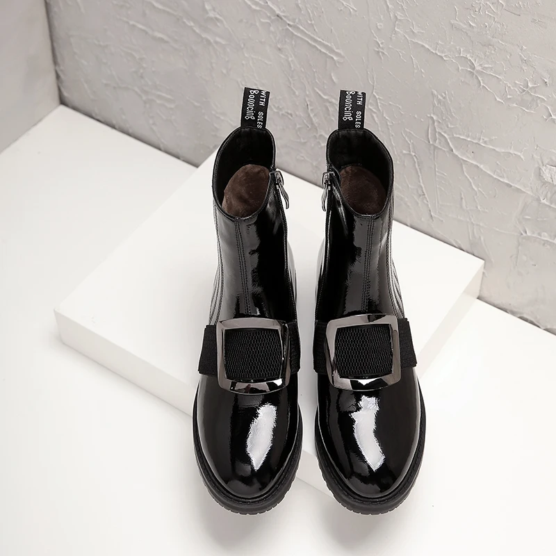 Trendy Full Grain Cow Leather Ankle Boots For Ladies Size 34-42 Big Metal Square Buckled Booties Women Biker Shoes Autumn