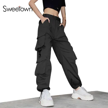 

Sweetown Black Cotton Plus Size Cargo Pants Women Blue Loose Pockets Trousers Women Streetwear Elastic High Waist Baggy Pants