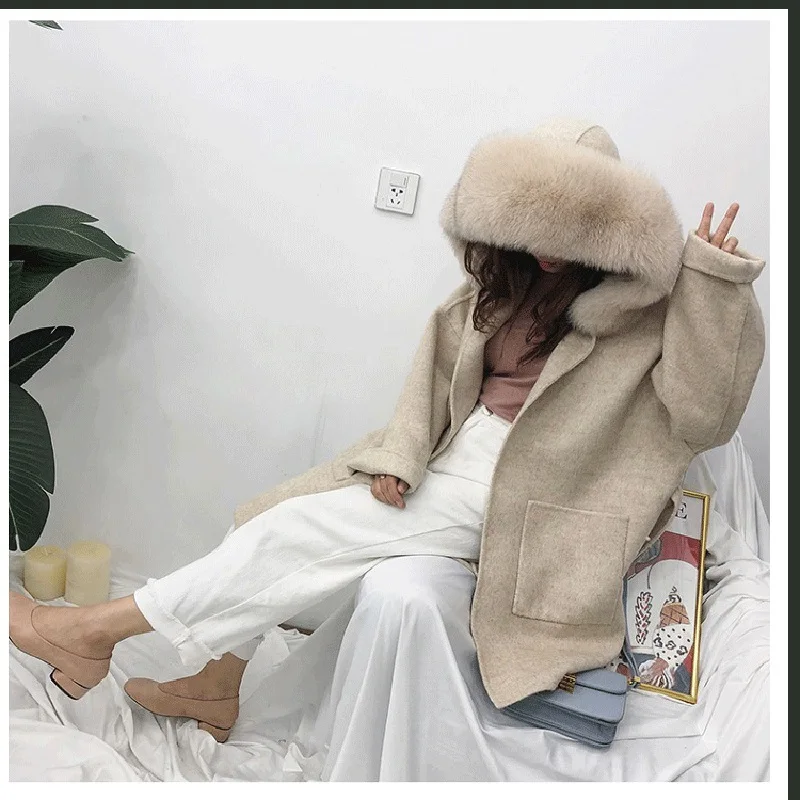 beige Овечий мех, натуральный мех, пальто с капюшоном, большой Лисий мех, воротник, отделка, весна, женская верхняя одежда размера плюс, Женский натуральный мех, куртка с поясом, тонкая - Цвет: beige