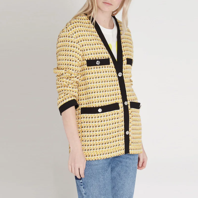 

Cotton Blend Ladies 2019 New Tweed Jacket Top With Long Sleeve & V Neckline