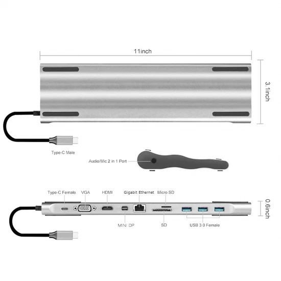 Док-USB-C VGA HDMI Mini Displayport Ethernet 3 хаб TF SD зарядное устройство кардридер многопортовый адаптер 11 в 1