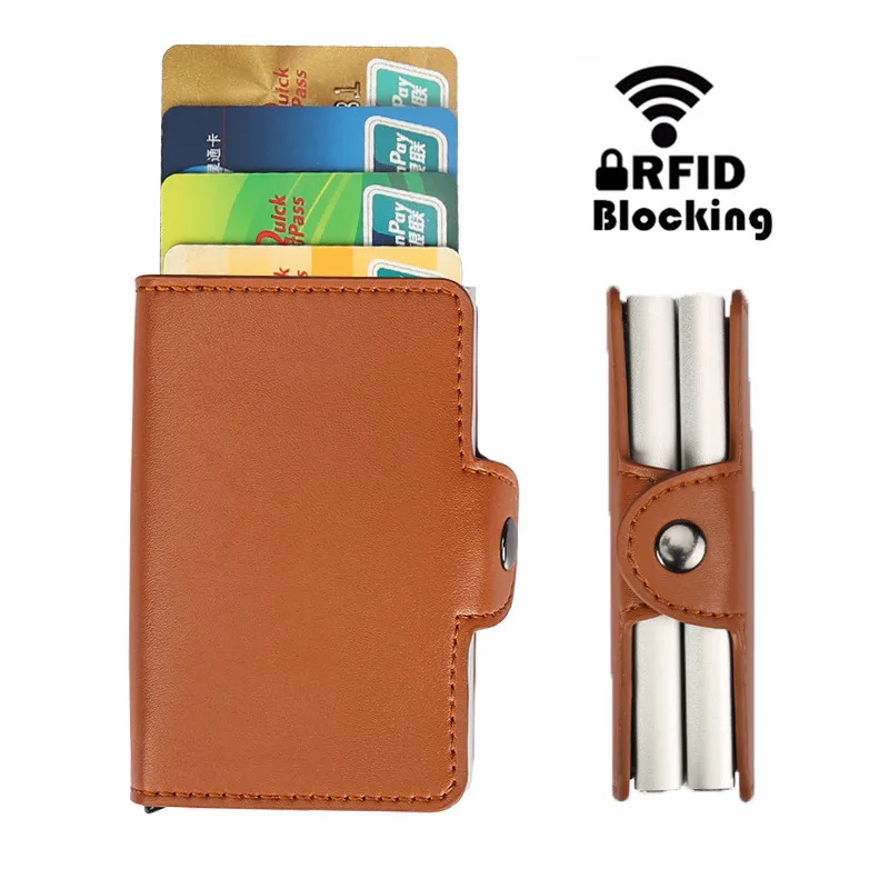 

2019 Designer Business Credit Card Holder RFID Protection Double Stainless Steel Box PU Leather Fashion Card Bag Case Wallet