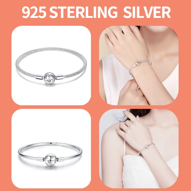 BISAER 925 Sterling Silver Snake Bracelet Blue Devil's Eye Charm Snowflake Heart Chain Clasp Bangles For Women Jewelry 17-21CM