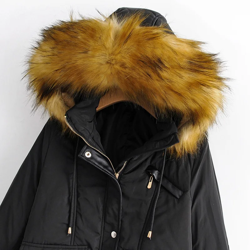 RR Hooded Solid Parkas Women Fashion Faux Raccoon Fur Coats Women Elegant Pockets Cotton Jackets Female Ladies JG