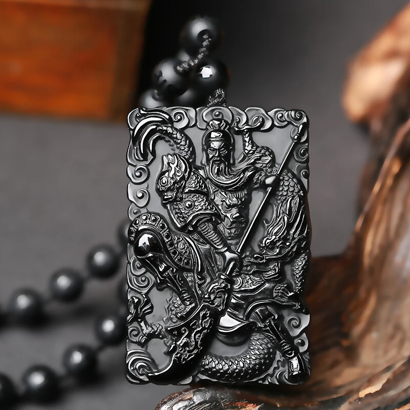 Натуральное черное ожерелье из ОБСИДИАНОВЫХ бусин, ручная резная подвеска Guan Yu Jade, модное очаровательное ювелирное изделие для мужчин, благоприятный амулет, подарки