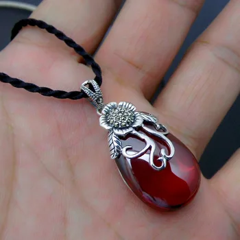 

FNJ 925 Silver Flower Pendant for Jewelry Making 100% Original Pure S925 Sterling Silver Pendants Women Red Stone Garnet