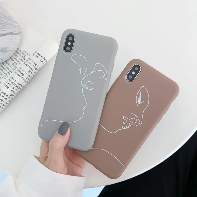 

Line art face matte phone case for coque iphone 7 8 silicone soft cover iphone case 6 6s 7 8 plus xr xs max 6 s couple cute capa