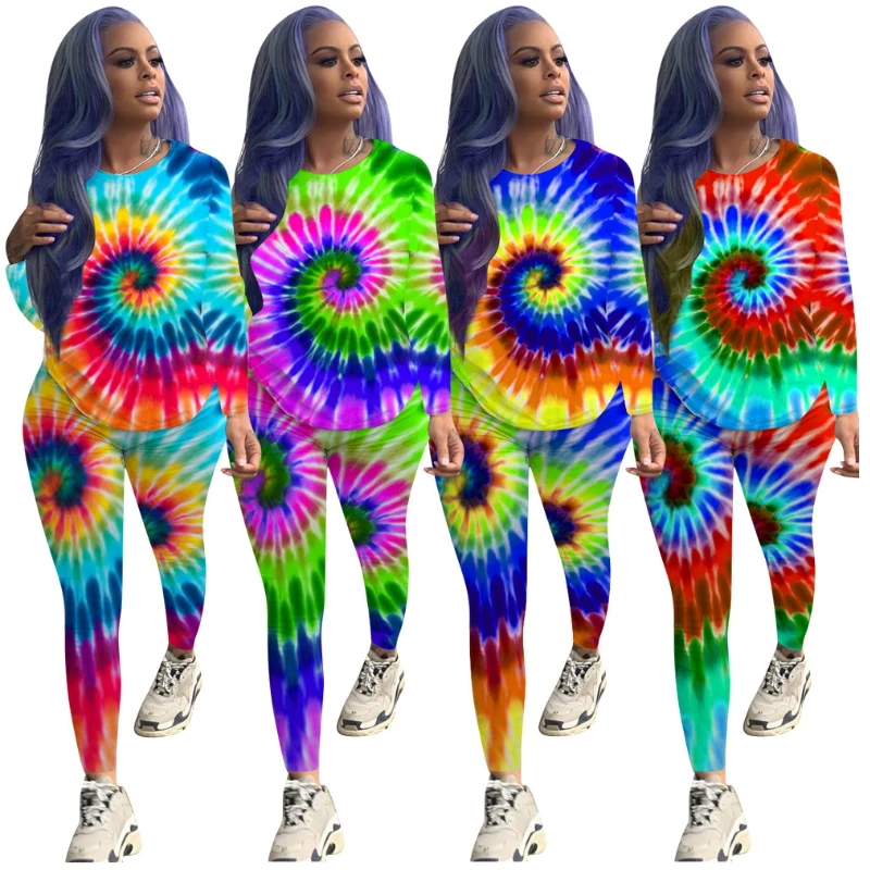 

Color Shaded Two Piece Set Asymmetrical Pullover Modest Style Bohemian Cute Casual Tie Dye Printed Tracksuit Plus Size Clothing