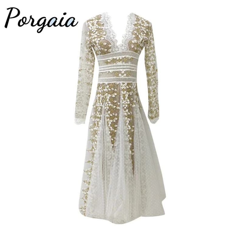 

Porgaia V-Neck Empire Regular Sleeve Slimming Chic Mesh Embroidery Autumn A-Line Solid Host White Dress Vintage Dress