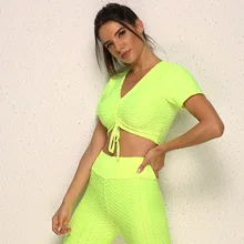 Энергии бесшовные Йога Грудь лук рубашки короткий рукав укороченный топ рубашки для женщин Йога Спорт фитнес тренажерный зал Топ для тренировок рубашка для женщин