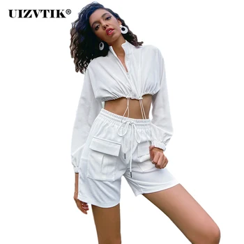 

Sports Two Piece Set Women's Tracksuit Wives Autumn Crop Tops High Waist Knee Length Shorts Sets Female Casual Short Jacket