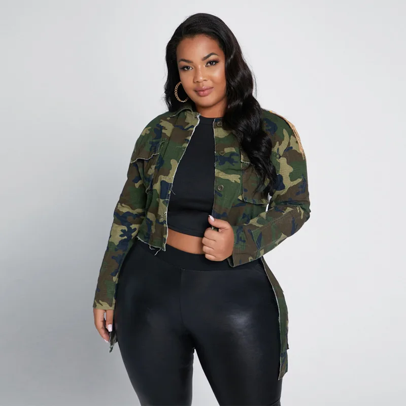 Camouflage Jackets Women Plus Size 5xl Long Sleeve Patchwork Outwear