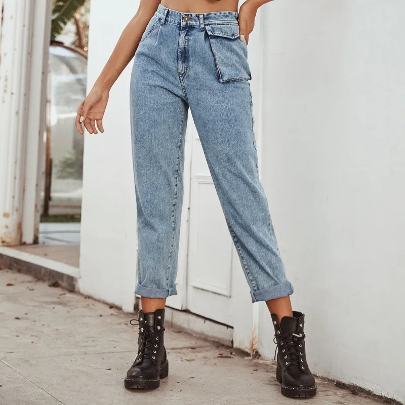 

HOUZHOU Cargo Jeans Women 2020 Winter Fashion Pockets Cargo Pants Women Straight Leg Washed High Waisted Jeans Blue Black Jeans