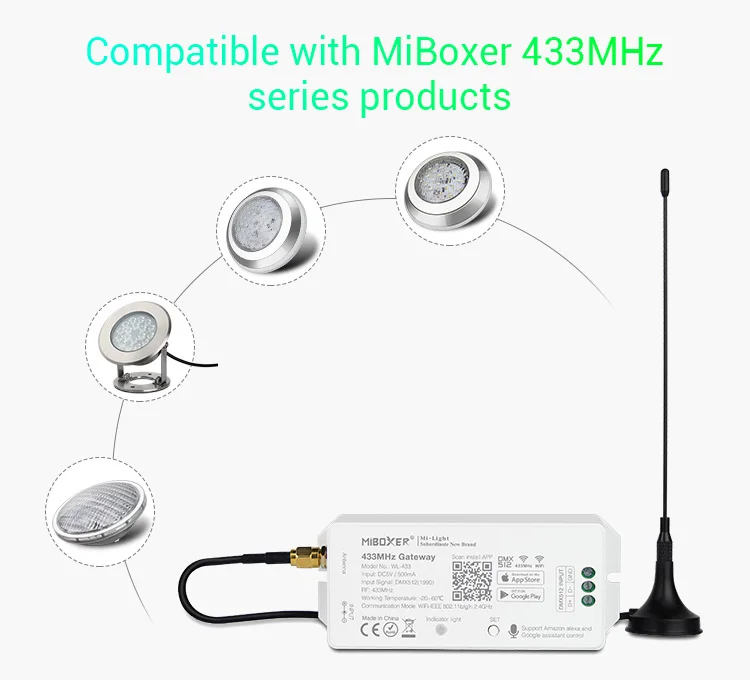 Milight WL-433 433MHz Gateway 2.4GHz support Third party/smart phone app/DMX512 control DC5V/500mA WiFi-lEEE 802.11 b/g/n