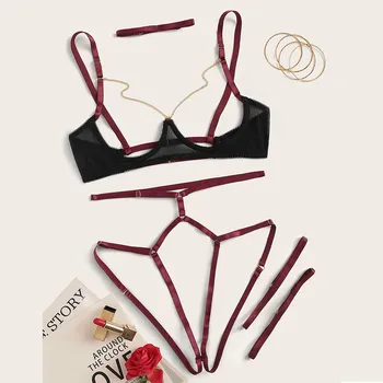 

Sexy Exquisite Mesh Lingerie Bra+Garter+Briefs Set Babydoll Cut-Out Sleepwear Temptation Lingerie комплект нижнего белья Pornset
