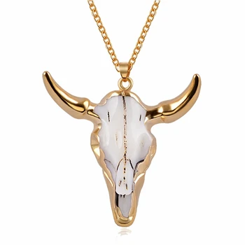 

Vintage Bull Skull Men'S Pendant Necklace Wrapped Gem Buffalo Cattle American Western National Style Denim Jewelry