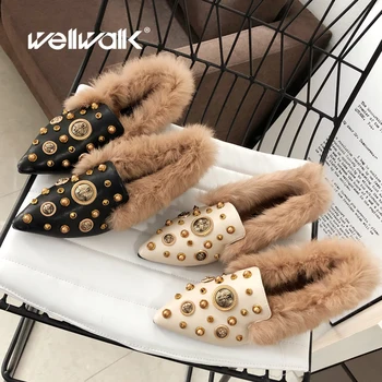 

Fur Bee Shoes Women Winter Loafers Stud Rivets Pointed Toe Female Fashion Moccasins Plush Slip On Ballet Flats Woman 2019 New