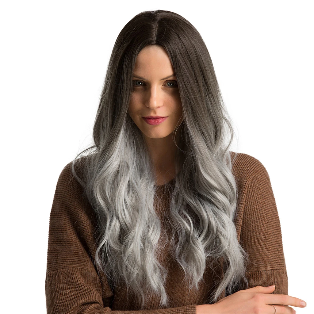130% Density Wigs Wavy Ombre Synthetic Wig with Black Roots Gradient Blue Parting Half Hand Tied No Lace Front