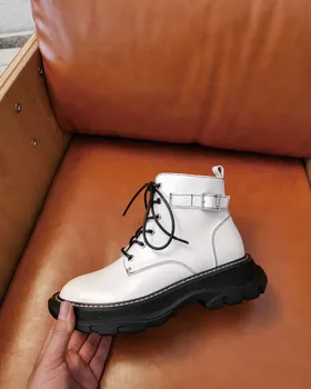 

May niamh Handmade Ankle Boots Black White Genuine Leather Round Toe Lace Up Flat Boots High Quality Woman Shoes Autumn A017