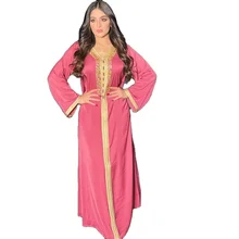 

Ramadan Eid Pink Maxi Muslim Dress Women Islamic Clothing Abaya Turkey Arabic Dubai Diamond Ribbon V Neck Long Sleeve Jalabiya