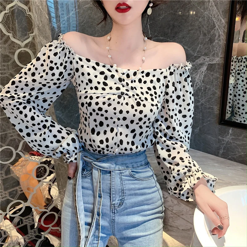 

Sexy Polka Dot or Leopard Print Blouse Women Off Shoulder Lantern Long Sleeve Tops Shirts Spring Ladies Blouses 1#15/10D50