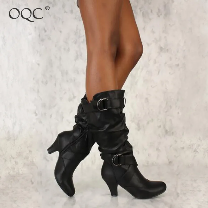 

OQC Women Mid-calf Boots Ladies Autumn Winter PU Leather Wild Style Motorcycle Boots Mid Block Heel Buckle Belt Zipper Boots D25