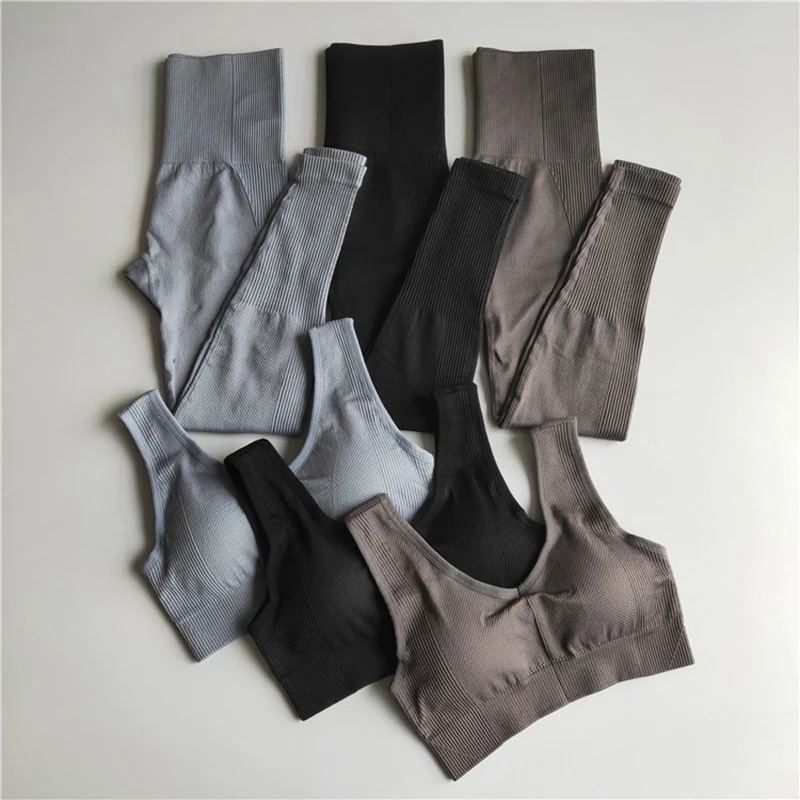 Комплект женский бесшовный из 2 предметов для йоги леггинсы с высокой талией и