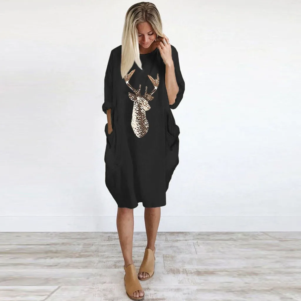 JAYCOSIN ladies dress winter large size round neck long sleeve solid color pocket dress Christmas antler print casual fashion