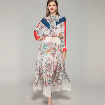

2020 Summer runways Women's floral print long sleeves Maxi dress High qulity women elegant dress C356