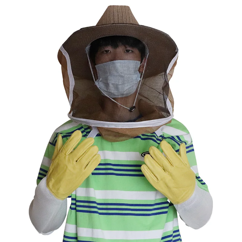 Beekeeping protective clothing kit 1Pair Leather Gloves & 1Pcs Anti Bee/Sting Cowboy Hat Breathable Beekeeper Apiculture tool