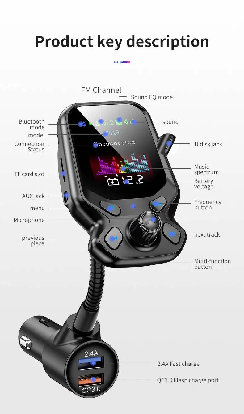 Быстрое Автомобильное зарядное устройство bluetooth 5,0 автомобильное аудио AUX MP3 плеер Смарт двойной USB расширение беспроводной с HD красочный экран T819