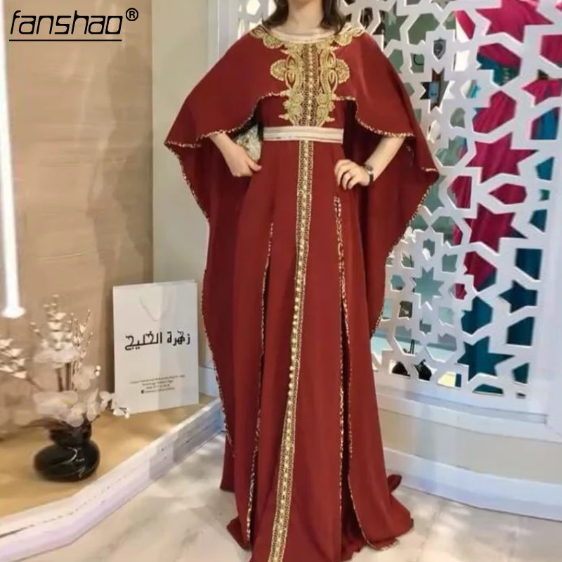 

Brick red Muslim Evening Dress Satin Moroccan Kaftan Gold Applique Jacket Saudi Arabic Special Occasion Party Dress Custom Made