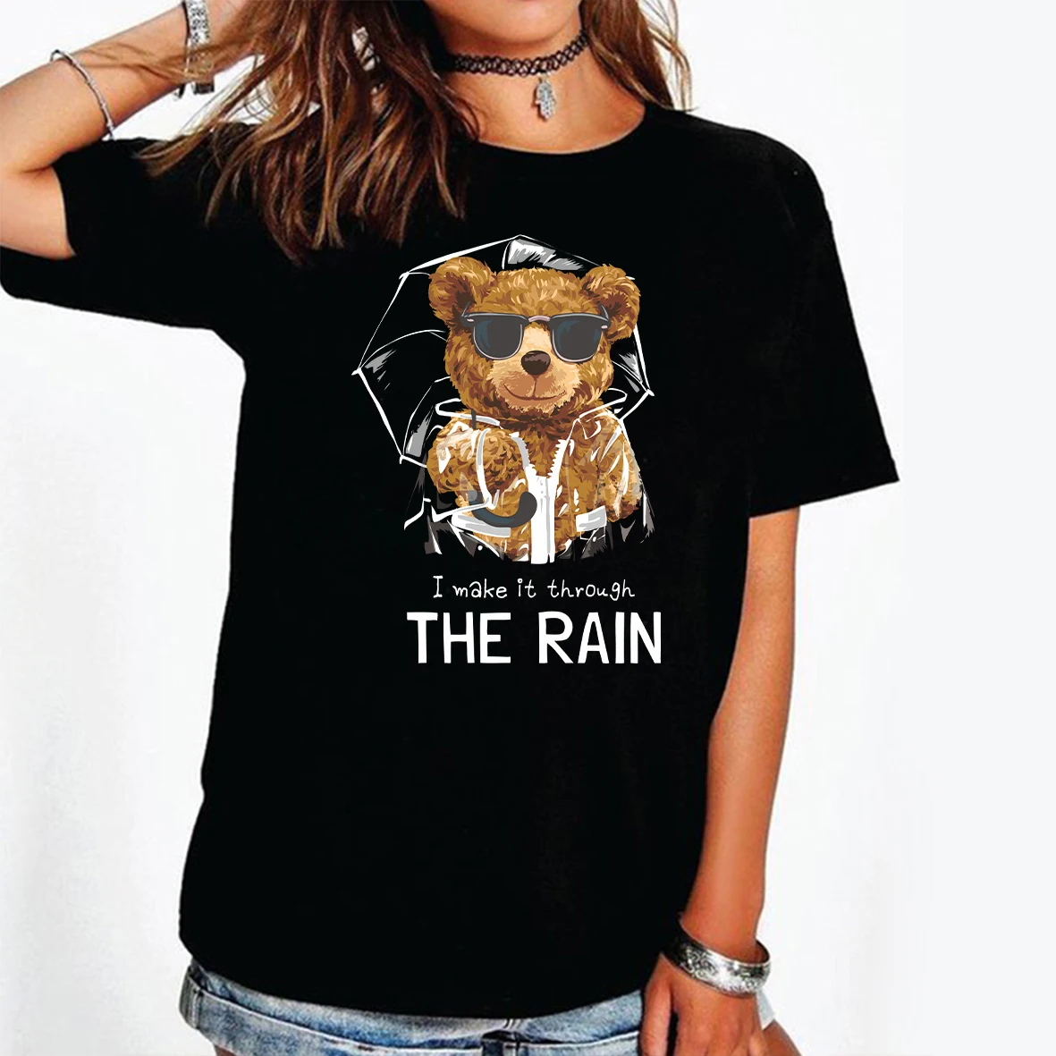 

BLINGPAW Teddy Bear I Make It Through The Rain Letter Print T-shirt Unisex Top&Tees Summer Custom Tee Shirts Summer Plus Size
