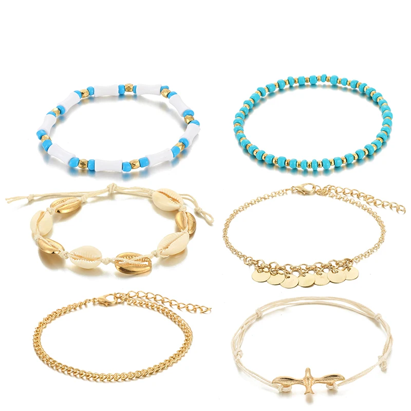 Tocona Boho Bird в виде ракушки вафли многослойный браслет для Для женщин женский веревочный бусины Сандалеты с перепонкой на лодыжке в ножная цепочка Ювелирные изделия 6 шт./компл. 8840