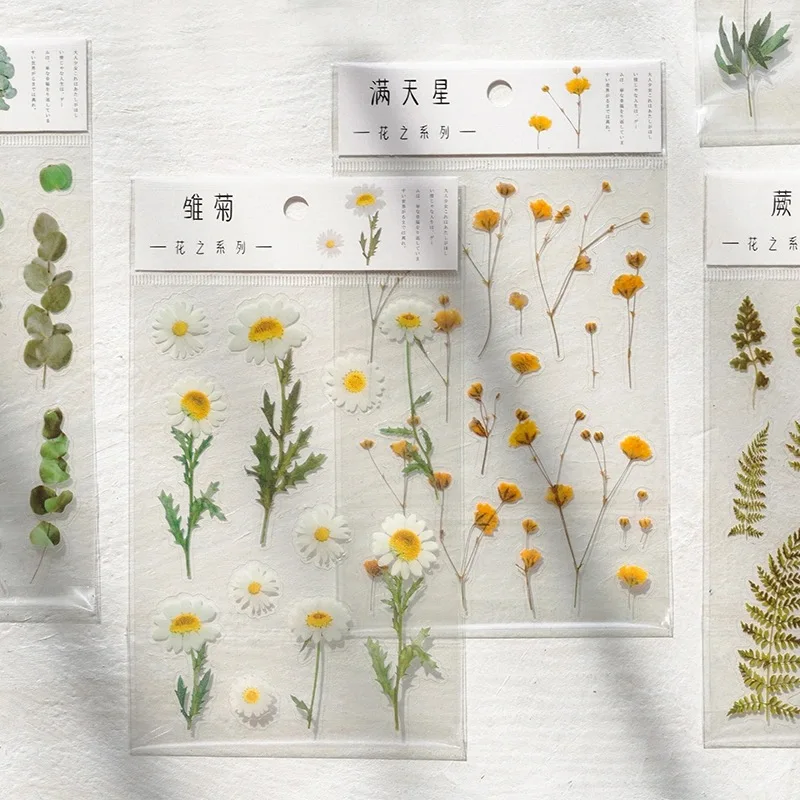 Stickers Flowers Leaves Plants Stickers Lable Transparent PET for Scrapbooking Diary Journal Decorative DIY Material Decorative Stickers Floral Stickers